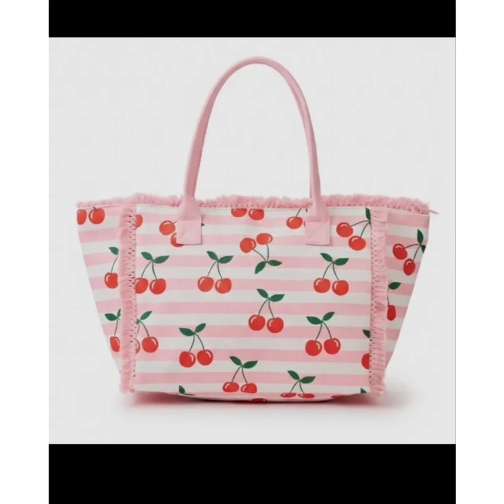 Cherry 🍒 Striped Large Fringe Tote Pink & Red NWT